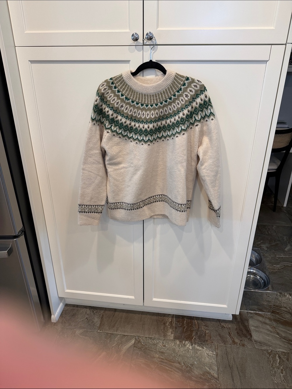 Mango women’s Cream Crewneck Sweater with Green Fair Isle Yoke